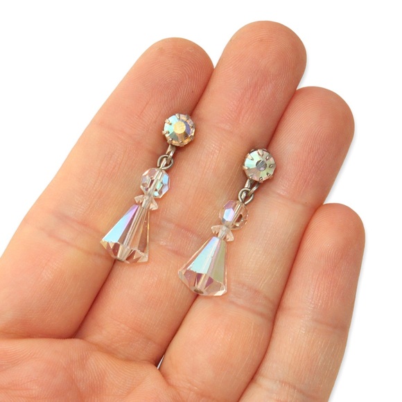 Vintage Aurora Borealis Crystal Dangle Earrings Screw Back Clip On Silver Tone - Picture 2 of 2